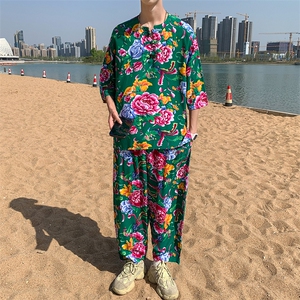 TZ340男士夏季风大花布套装大码宽松凉爽透气民族风个性外套图片