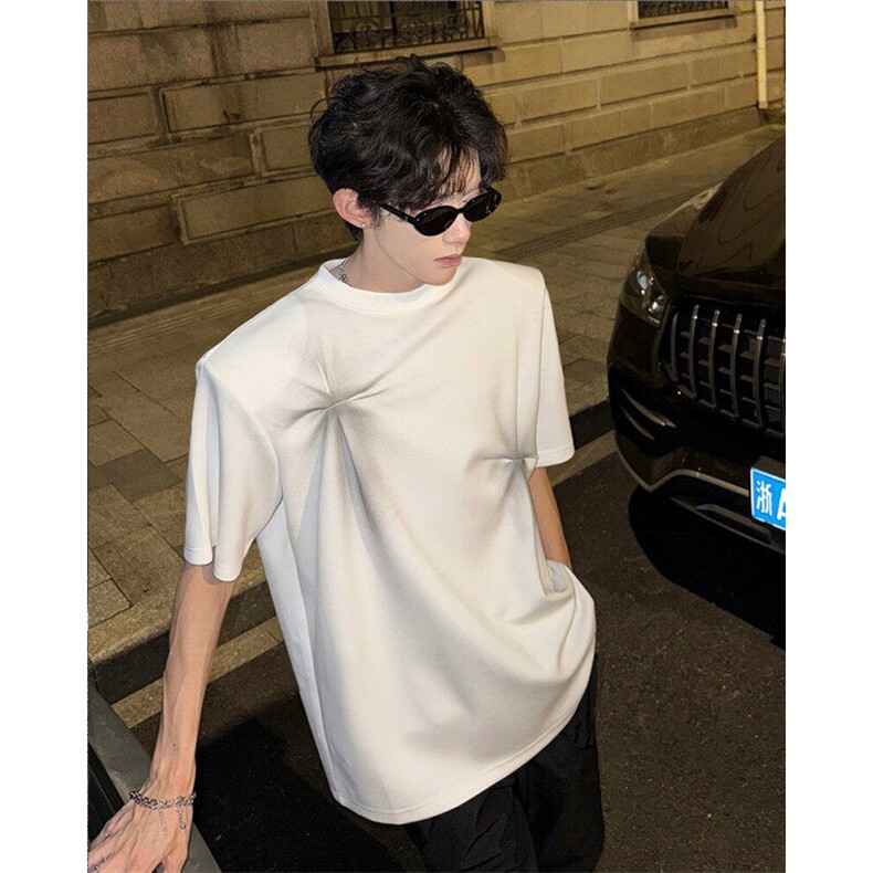 现货！25设计感手工喷绘十字花扭结垫肩短袖T恤dx260-p58，男装T恤，电商B288