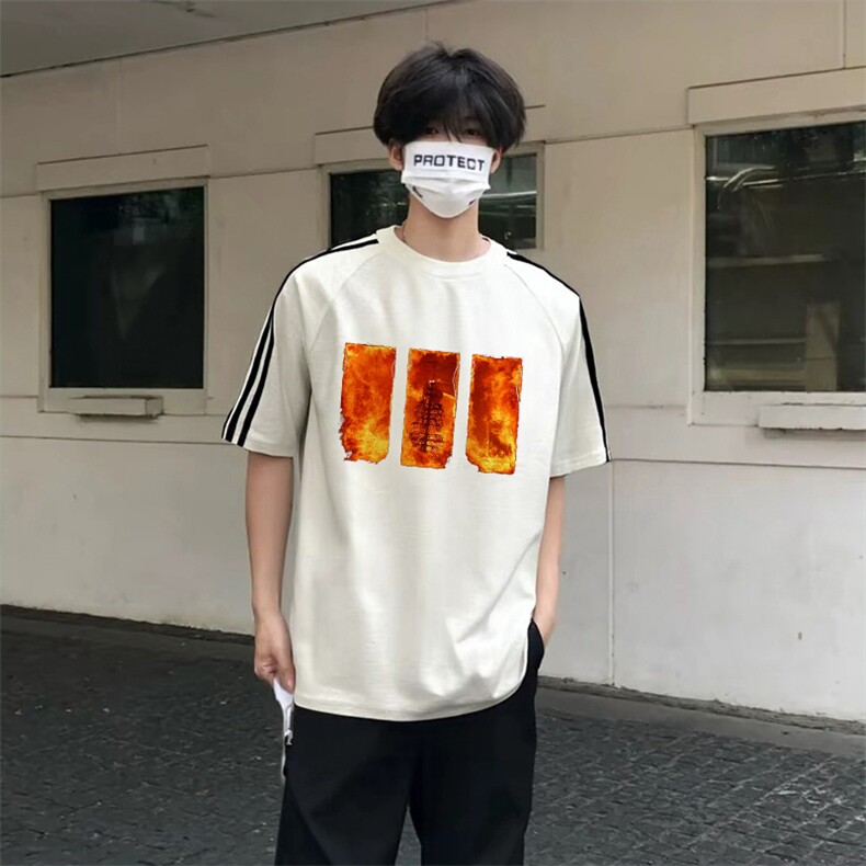 抖音得物高品质二开240克宽松纯棉美式潮牌三条杠织带短袖T恤图片
