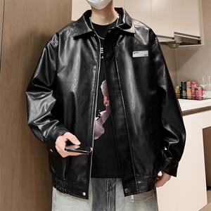 贴标男士皮夹克春季翻领休闲皮衣外套宽松机车男A266-PY006-P80图片