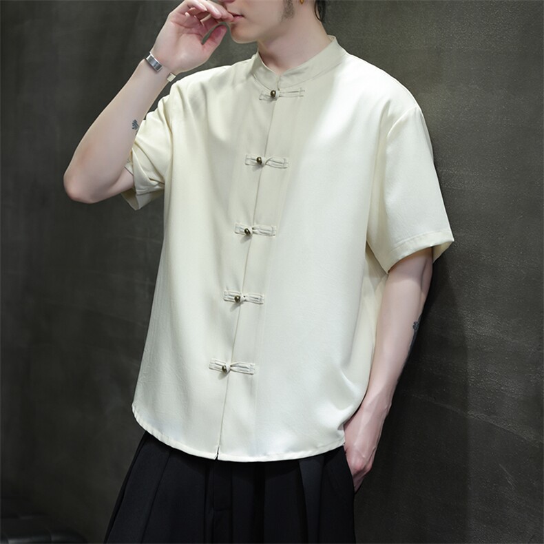 新品新中式潮玲珑麻冰丝铜扣立领短袖衬衫风唐装30504,男装衬衫,星座305A（原312A-1）