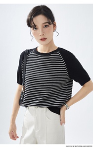 2025春夏条纹针织衫精纺羊毛短袖女宽松显瘦插肩图片