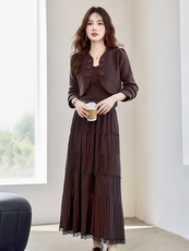 现货！秋季新款法式浪漫洋气时尚小香风丝绒花朵扣韩版三件套裙女，女装套装/套裙，宝儿家