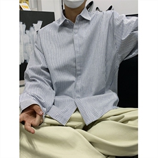 美式黑白条长袖衬衫加厚版本C5889-特P28蓝，男装衬衫，电商A094