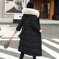 2021冬季新款时尚系带收腰显瘦气质真毛领长款连帽羽绒服,女装羽绒服,贵人树