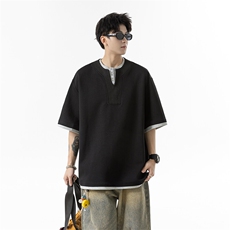 夏季2025新款罗纹拼接假2件亨利领短袖T恤xz906-Y137P45控78，男装T恤，星座906（原电商a316-1）