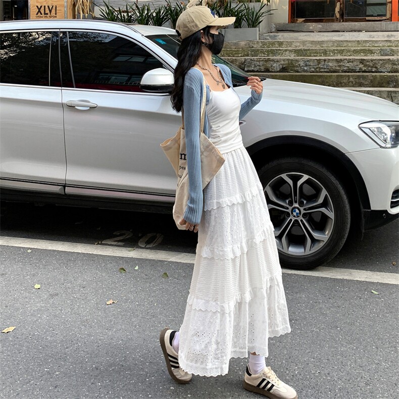 白色半身裙女高腰a字裙蛋糕裙温柔风长裙设计感钩花裙子，女装半身裙，梦白服饰厂