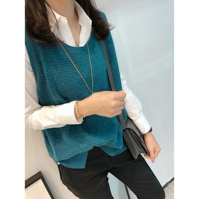 反季清仓镂空针织马甲女套头圆领宽松外穿坎肩毛衣背心大码马夹薄，女装马甲，洁纯羊绒