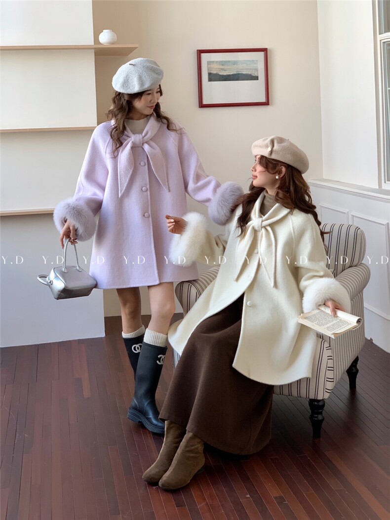 【依嘟】新年战袍温柔风蝴蝶结洋气设计感减龄羊毛外套(配可拆卸，女装双面呢大衣，依嘟服饰
