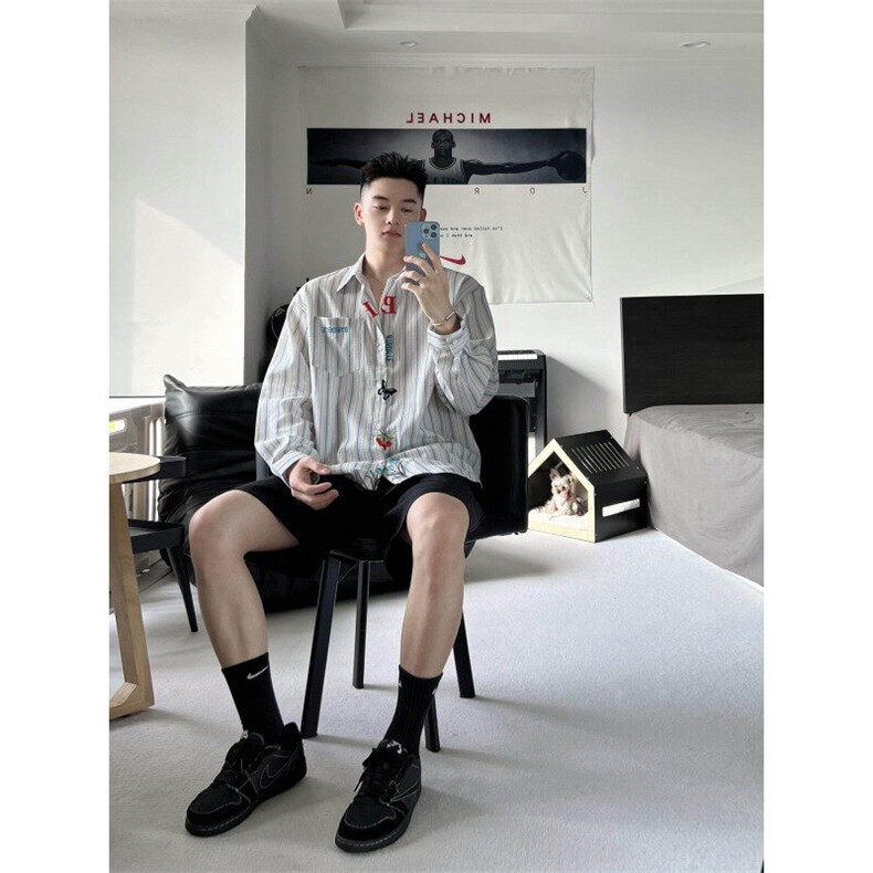 文艺感刺绣衬衫男女长袖春夏防晒休闲宽松外套竖条纹衬衣CX22,男装衬衫,星座1116A（原606A-3）