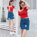 半身裙纯色显瘦修身气质甜美纽扣做旧口袋手工磨破2021年夏季短裙，女装半身裙，奕阳依阁