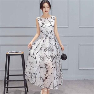 2022年夏季时尚气质简约圆领套头无袖印花中长款,女装连衣裙,卡杰菲