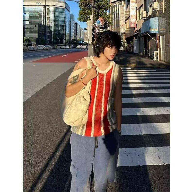 潮牌美式拼色条纹针织坎肩背心男撞色无袖，男装T恤，星座716-2