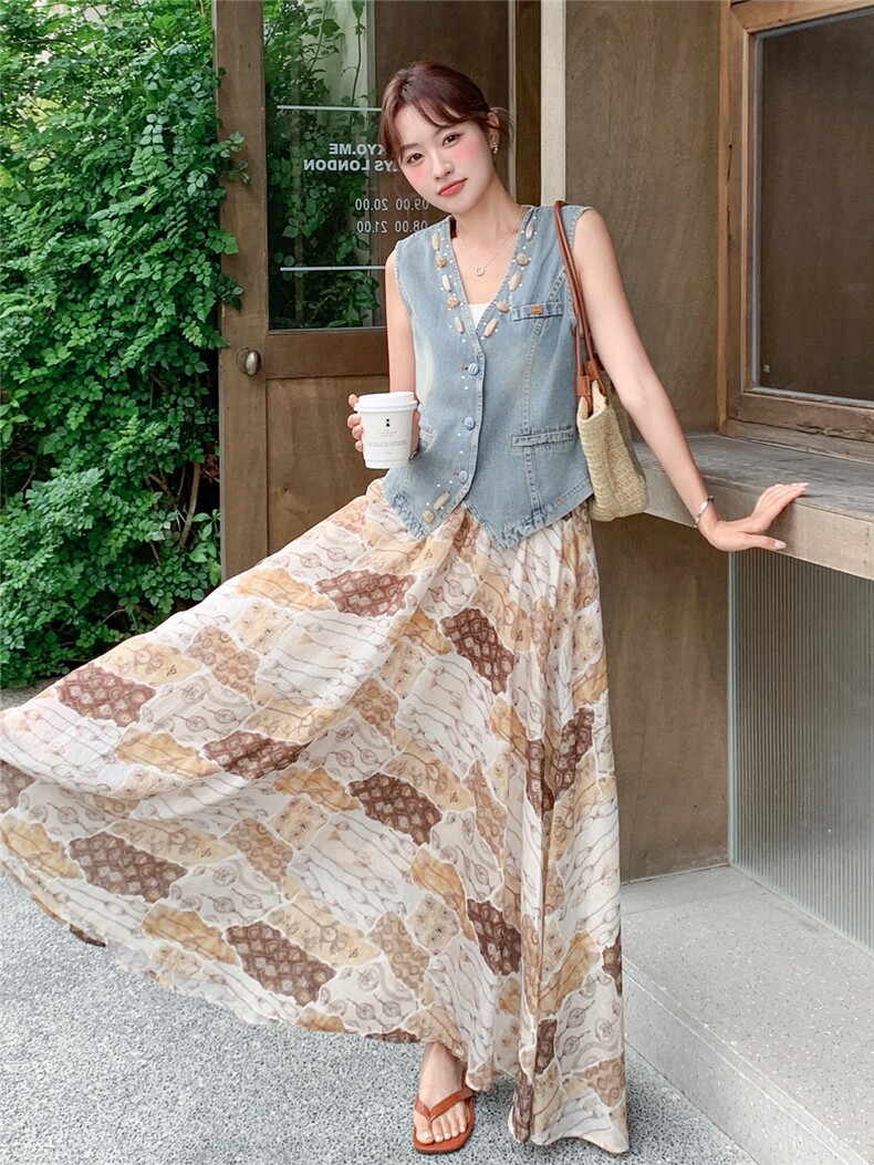 新款2240-P195-K295波西米亚钉珠牛仔马甲长裙套装,女装套装/套裙,网红馆