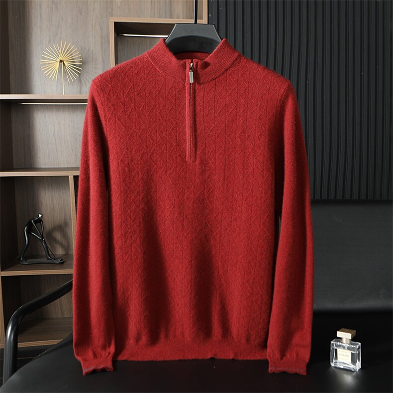 男士秋冬季新款简约休闲半拉链领羊绒衫，男装羊绒套衫，台绒羊绒