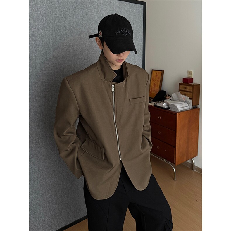 简约廓形通勤风拉链翻领西装外套简约款个性西服HY810P75控118,男装西服,电商A102B