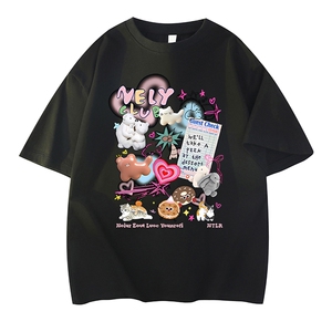 抖音得物供货210克现货宽松纯棉美式潮牌印花落肩袖纯棉T恤AT2143图片