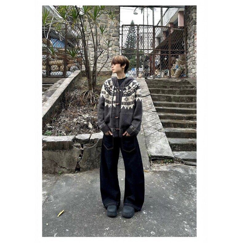美式复古费尔岛提花连帽毛衣入秋高智感慵懒风牛角扣开衫针织毛衫,男装针织衫/毛衣,星座601-1