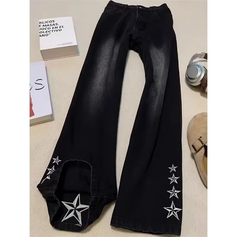 春季美式高街星星刺绣牛仔裤男潮牌痞帅直筒微喇裤WLA1300-P45,男装牛仔裤,星座1008