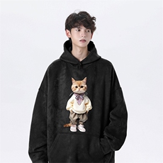 2025秋季新款日系猫咪印花麂皮绒宽松连帽卫衣wljp4048-特p45控79，男装卫衣，星座605(原A050)