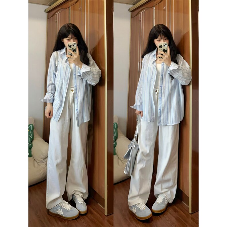 【有货】蓝色条纹衬衫男女款秋季美式复古长袖衬衣外套C152HH-P40图片