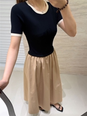 拼色圆领短袖拼接纯棉半身裙，女装连衣裙，优麦羊绒（原洪叶羊绒）