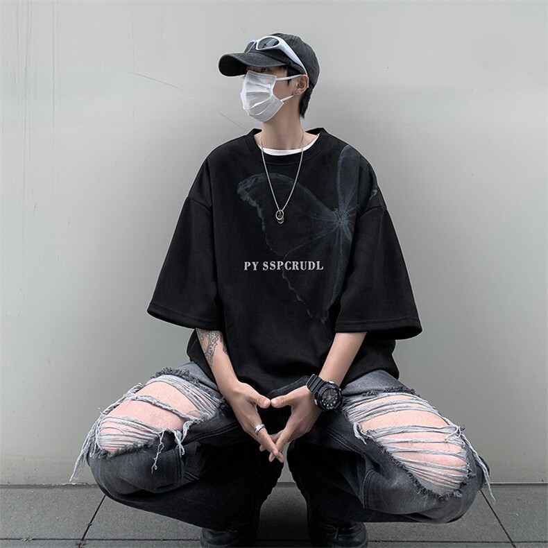 夏季复古蝴蝶麂皮绒短袖T恤男2023宽松潮牌情侣装上衣T1492-P30,男装T恤,星座512-3