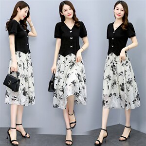 不规则短袖T韩版新款设计感显瘦修身V领套装，女装套装/套裙，布芭啦