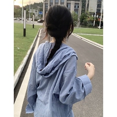 法式蓝色格纹连帽衬衫灯笼袖夏季休闲长袖上衣宽松慵懒防晒C126，男装防晒衣，星座1116A（原606A-3）
