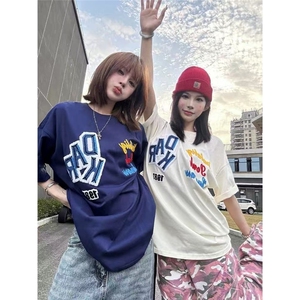 美式潮潮流刺绣植绒短袖男女高街情侣时尚百搭宽松t恤TX1023图片
