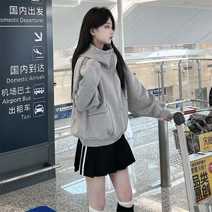 抖音得物高品质秋冬美式高街重磅结构辑明线纹理连帽卫衣外套W111图片