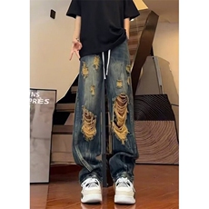 竹节纹破洞牛仔裤男夏季薄款工装乞丐裤子高街vibe阔腿裤N805，男装牛仔裤，星座1116A（原606A-3）