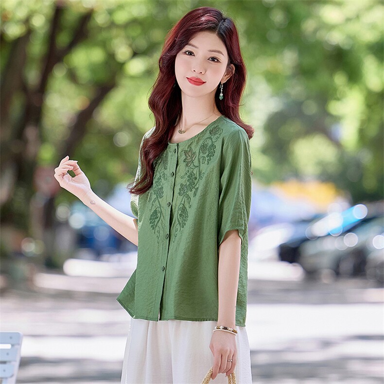 现货！夏季新款2025套装女简约时尚优雅气质减龄天丝麻料刺绣上衣,女装衬衫,魅影