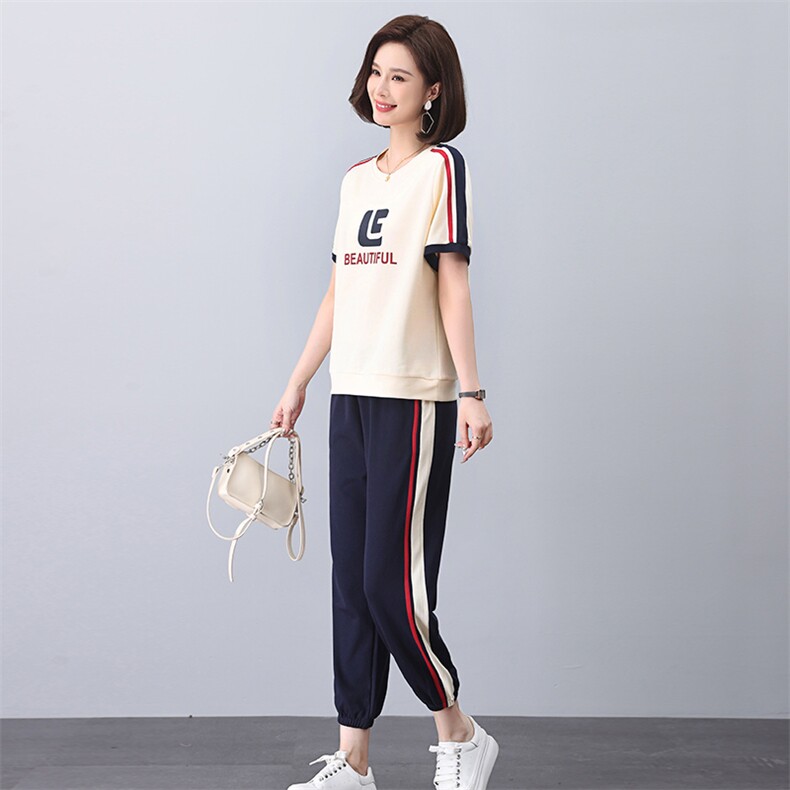 卫衣套装女2025夏季新款时尚休闲运动撞色中年妈妈短袖t恤两件套,女装套装/套裙,独衣靓