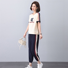 卫衣套装女2025夏季新款时尚休闲运动撞色中年妈妈短袖t恤两件套，女装套装/套裙，独衣靓