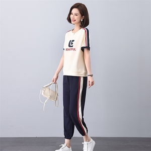卫衣套装女2025夏季新款时尚休闲运动撞色中年妈妈短袖t恤两件套图片