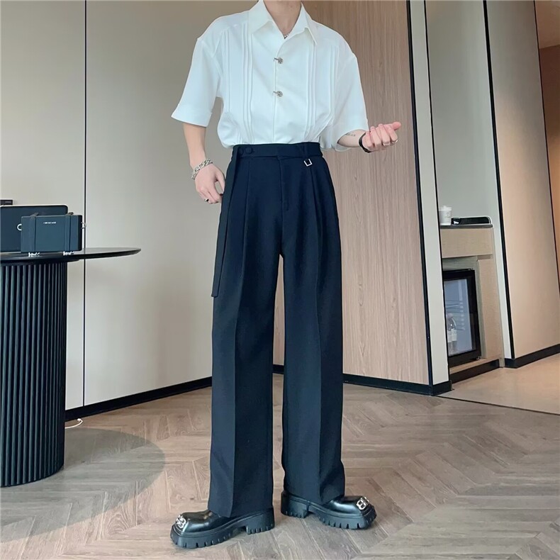 杏色凉感休闲西裤男夏季薄款腰带设计感宽松阔腿裤垂感西装裤，男装西裤，星座1210-1