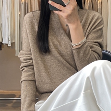 早春新款100%纯羊毛衫女交叉V领宽松套头裹胸毛衣羊绒针织打底衫，女装羊毛衫，羿纯羊绒