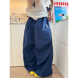 复古褶皱垂感刺绣长裤夏季宽松慵懒纯色松紧腰拖地休闲裤 K9018图片