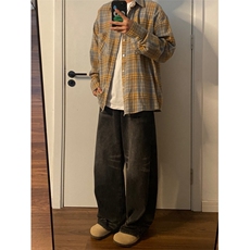 现货黄蓝格子长袖衬衫男美式格纹衬衣小众设计情侣外套K342-P45，男装衬衫，星座1007（原301D）