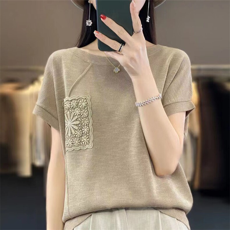 短袖T恤女士2025新款夏季高级感重工上衣宽松大码女装冰丝针织衫,针织衫/毛衣,萱芳婷羊绒