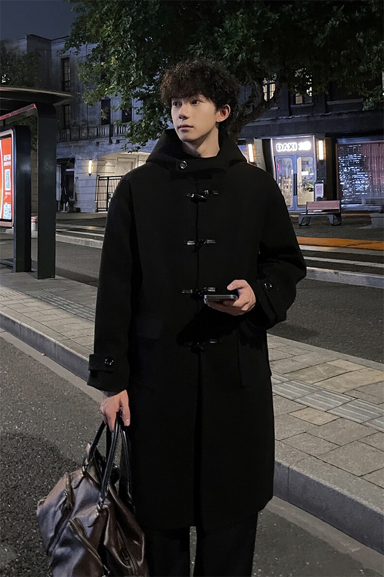秋冬牛角扣连帽毛呢大衣男小众宽松风衣外套MN00706/P125加棉P135,男装风衣,电商B316