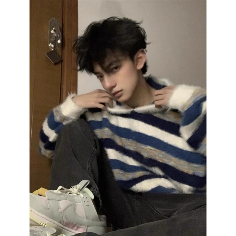撞色条纹毛衣卫衣慵懒风高级感仿貂毛针织衫MY127特P65,男装针织衫/毛衣,星座908-1