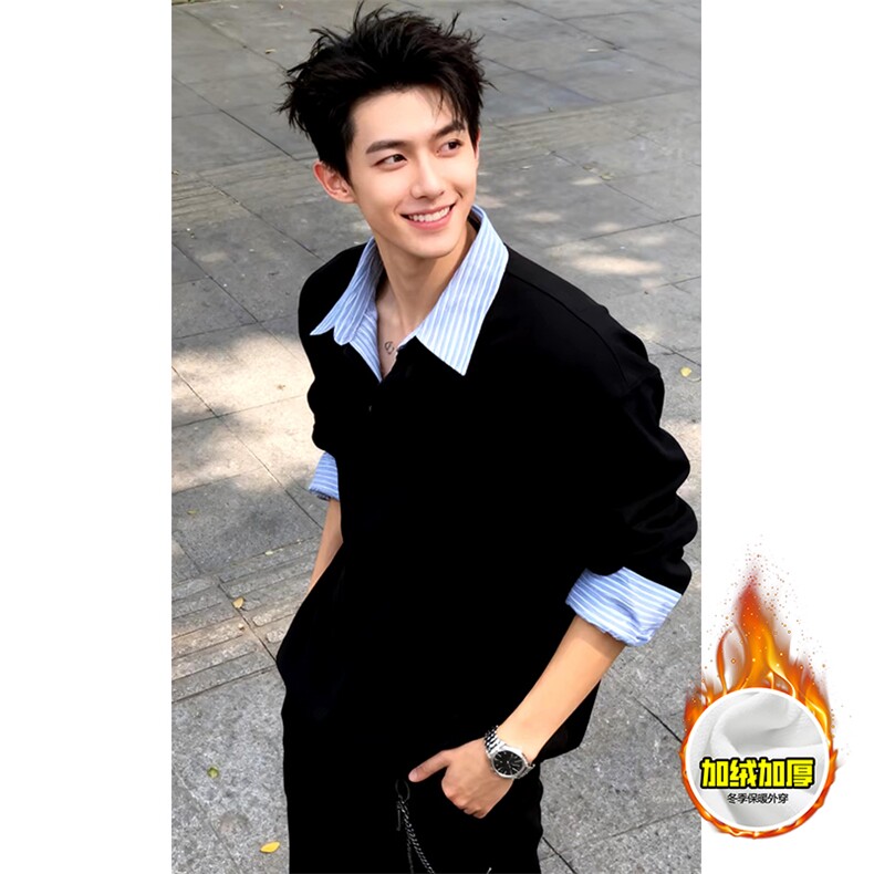 重磅加绒硬挺boxy男女美式高街假两件衬衫领长袖卫衣POLO领打底衫，男装T恤，电商A486
