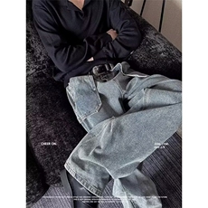 水洗vibe风工装褶皱牛仔裤美式小众痞帅高街阔腿长裤A819-P60，男装牛仔裤，星座1001-1