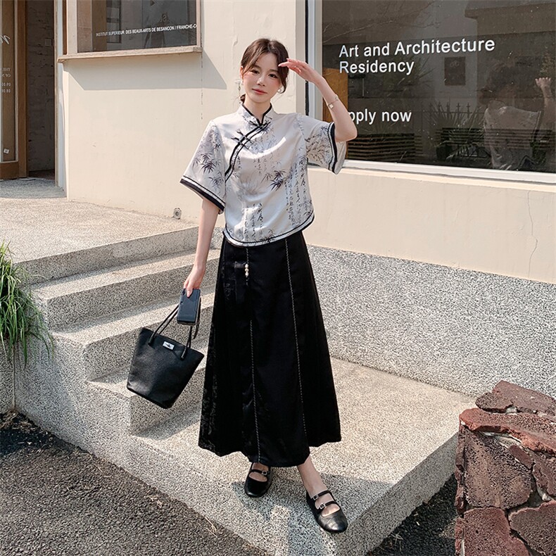 黑白新中式国风复古水墨画套装裙女2025夏季新款上衣半身裙两件套,女装套装/套裙,2C029