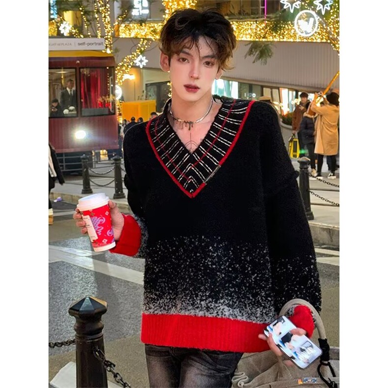 V12-P61冬装小众渐变重磅撞色V领毛衣男设计感高级廓形慵懒，男装针织衫/毛衣，电商B323A