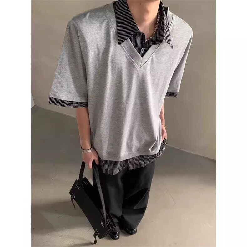 WE1556-P55 2025夏季复古小众设计感假两件拼接衬衫领短袖polo衫图片