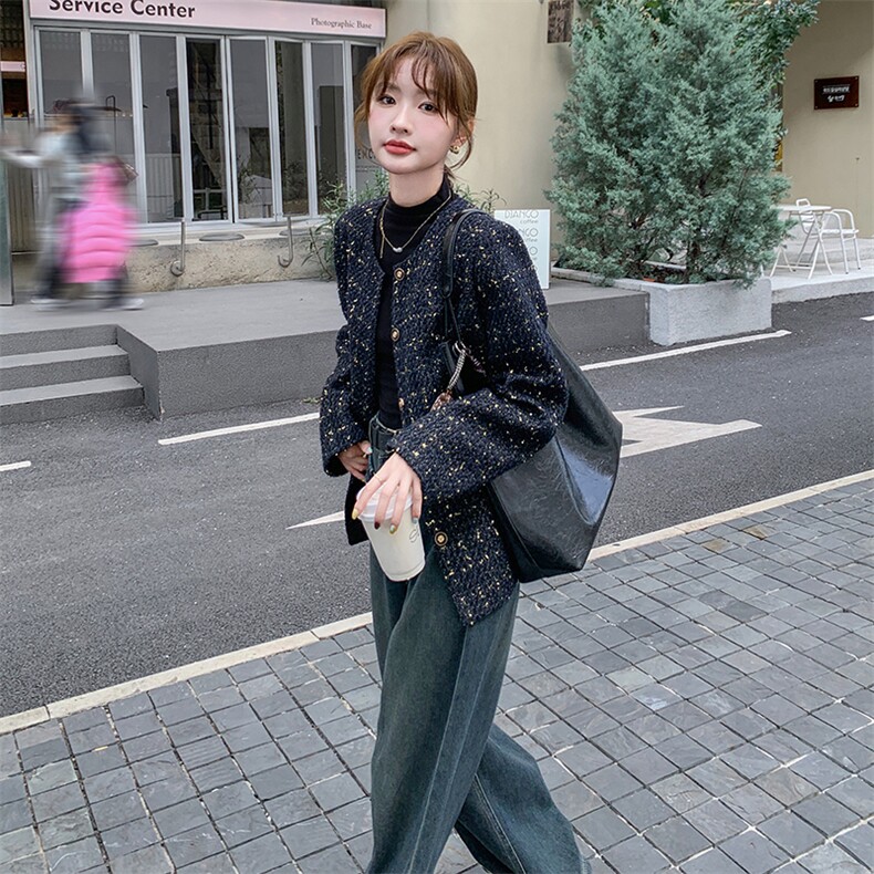高级感法式小香风外套女2025春季新款名媛气质时尚粗花呢圆领上衣,女装羽绒服,慧峰