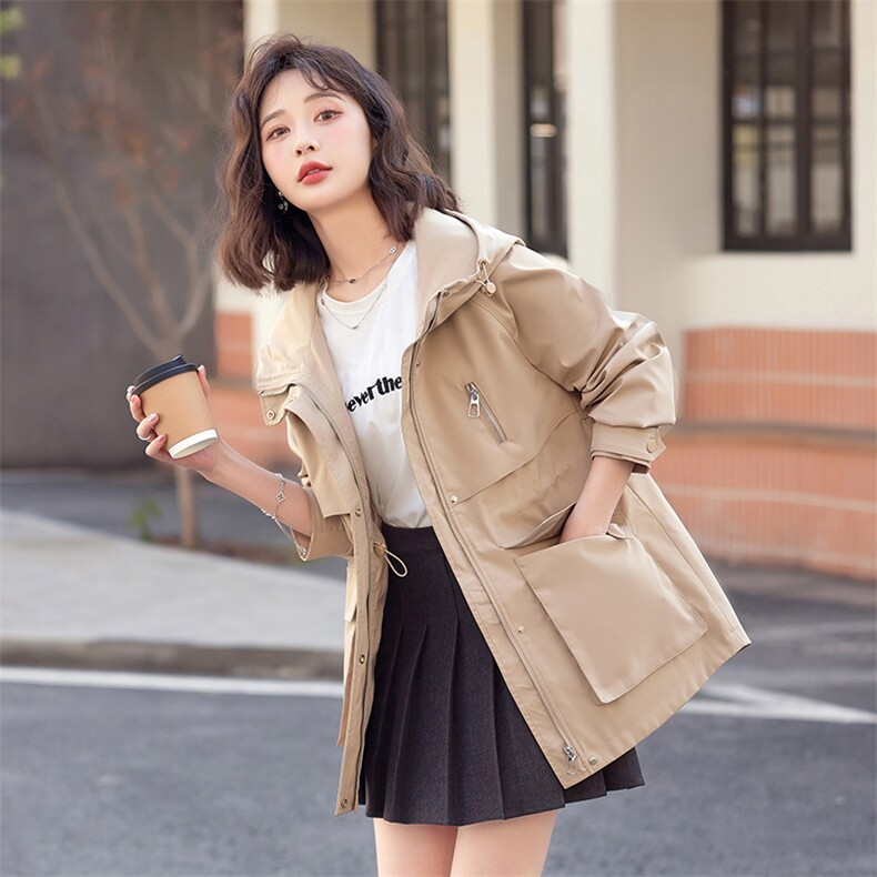 卡其色工装显瘦风衣女长袖韩版连帽冲锋衣夹克收腰中长款春装外套,女装短外套,梦懿尔